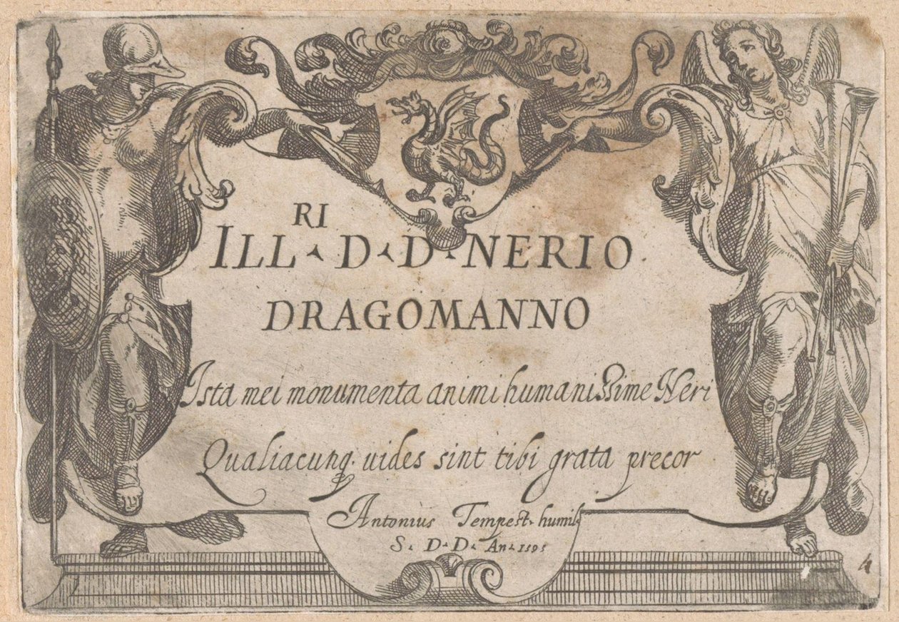 Titeltryck med kartusch med dedikation, flankerad av Minerva och Faam Jaktscener (del 1) (serietitel) av Antonio Tempesta