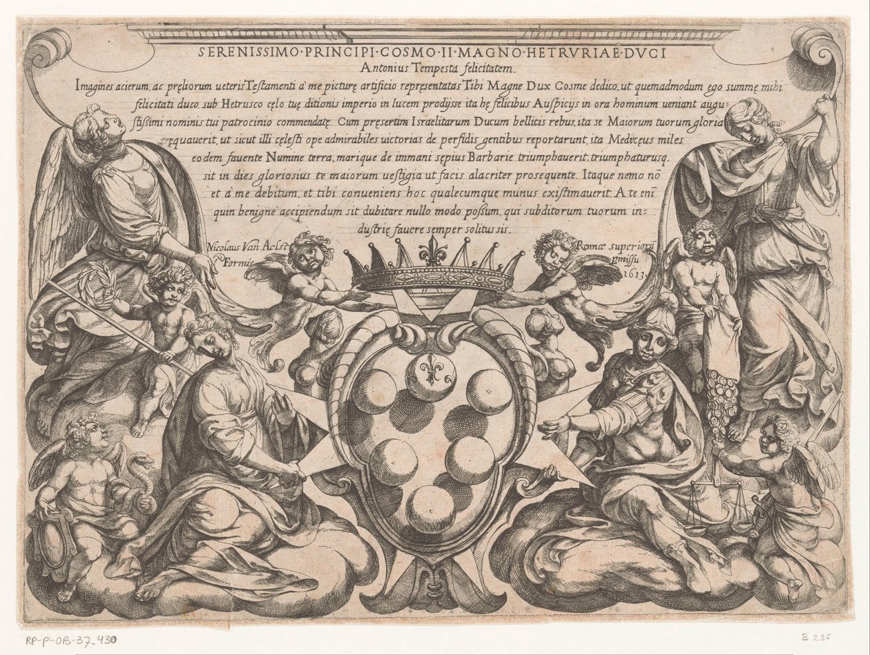 Titeltryck med dedikation till och vapen av Cosimo II de