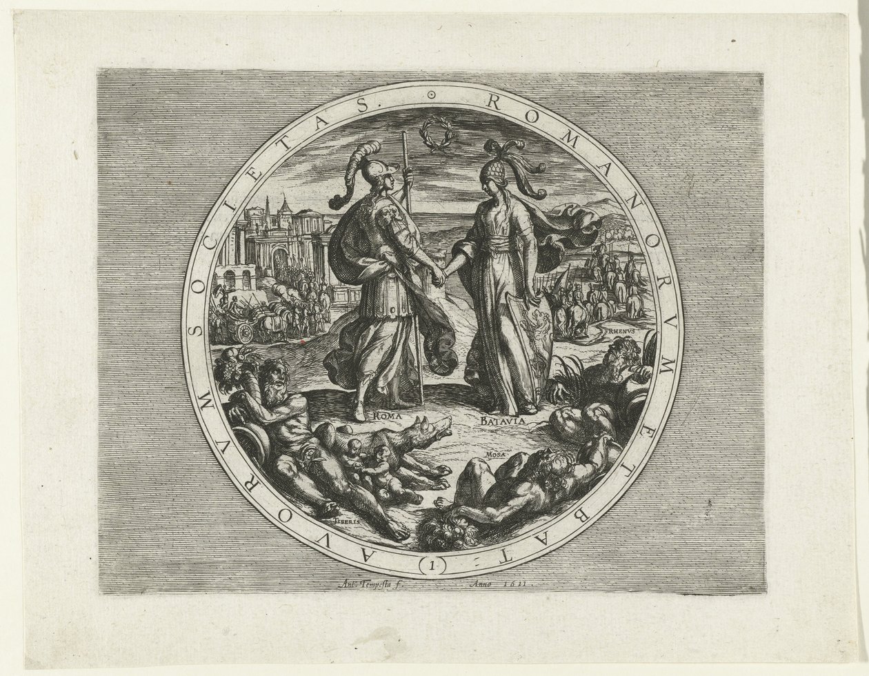 Titelprent voor de serie De Bataafse Opstand, 69-70 Society of the Romans and the Dutch (1) (titel på objektet) De Bataafse Opstand (serietitel) Holländarnas krig med romarna, à Cor. Tacito / De Batavische Oft Oude Hollandtsche Oorloghe teghen de Romeynen  av Antonio Tempesta