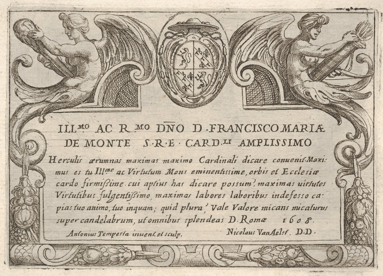 Titelskylt för serien The Labors of Hercules with the arms of Cardinal Francesco Ma..., 1608. av Antonio Tempesta