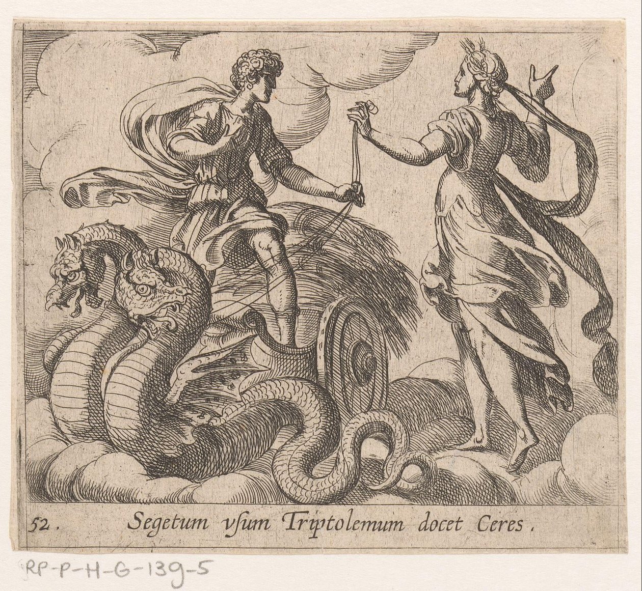 Triptolemus ontagunt de wagon van Ceres Ceres lär Triptolemus grödan (titel på objekt) Metamorfoseon eller transformationer (serietitel) Metamorfosen van Ovidius (serietitel) av Antonio Tempesta