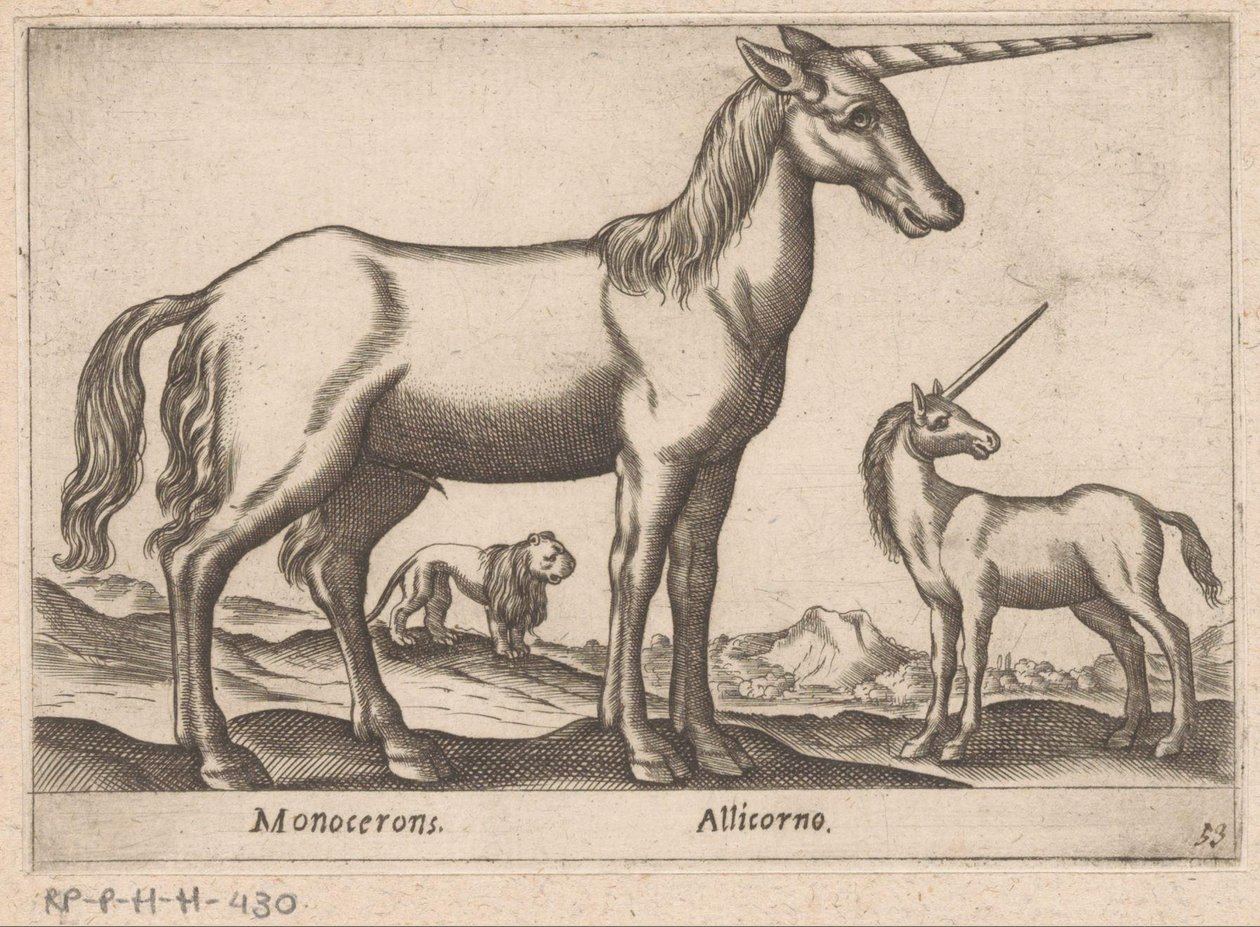 Två enhörningar och ett lejon Monocerons/ Allicorno (titel på objekt) Djur och mytiska varelser (serietitel) Nova raccolta de li animali piu curiosi del mondo (serietitel) av Antonio Tempesta