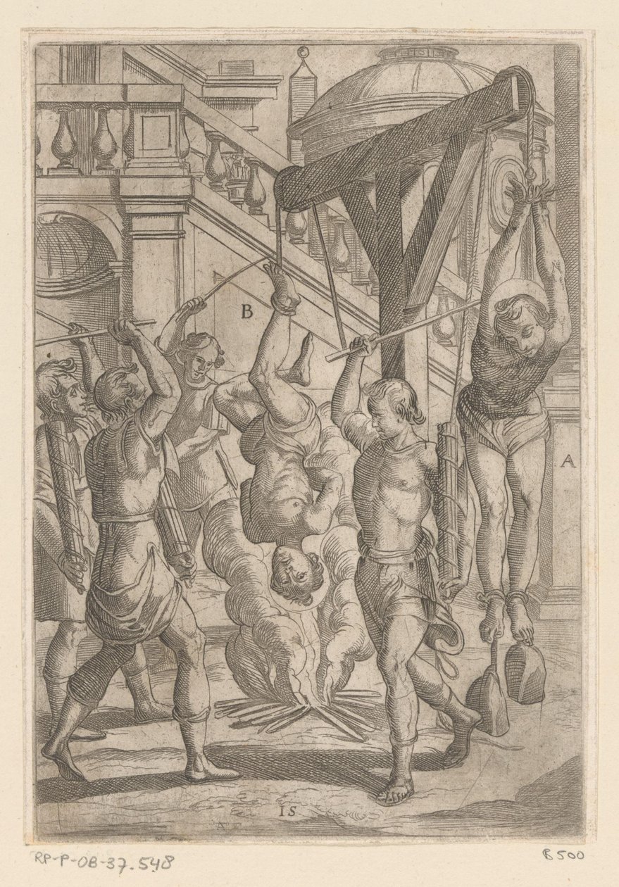 Brinnande hänger upp och ner och slår Tortyr som lidit av kristna martyrer (serietitel) Varia tormentorum et supplicioru crudelium (...) (serietitel) av Antonio Tempesta