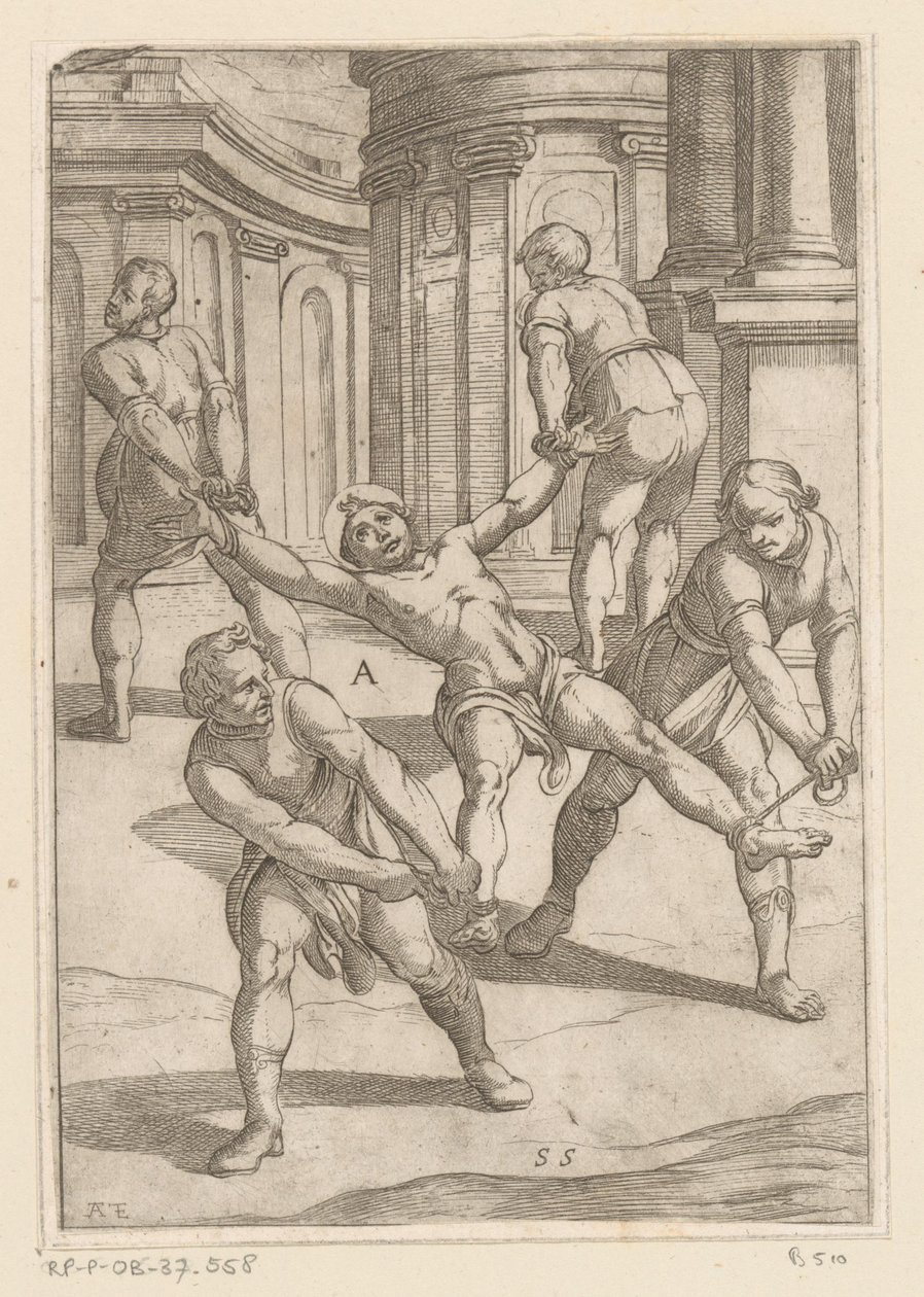 Fyra män drar i helgonets lemmar Tortyr som lidit av kristna martyrer (serietitel) Varia tormentorum et supplicioru crudelium (...) (serietitel) av Antonio Tempesta