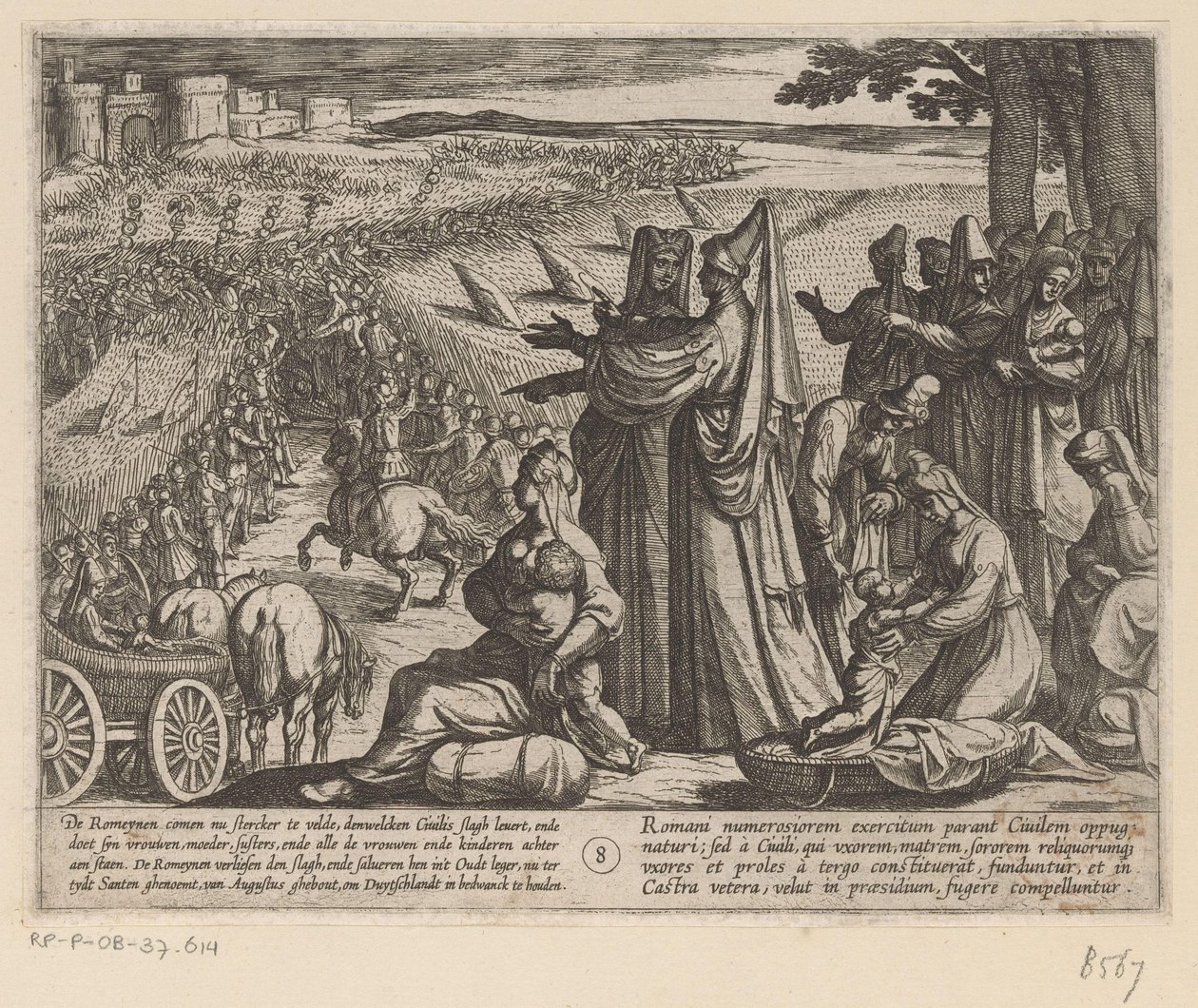 Kvinnor och barn ser Julius Civilis besegra romarna De bataviska krigen mot romarna (serietitel) Batavorum cum Romanis Bellum (serietitel) av Antonio Tempesta