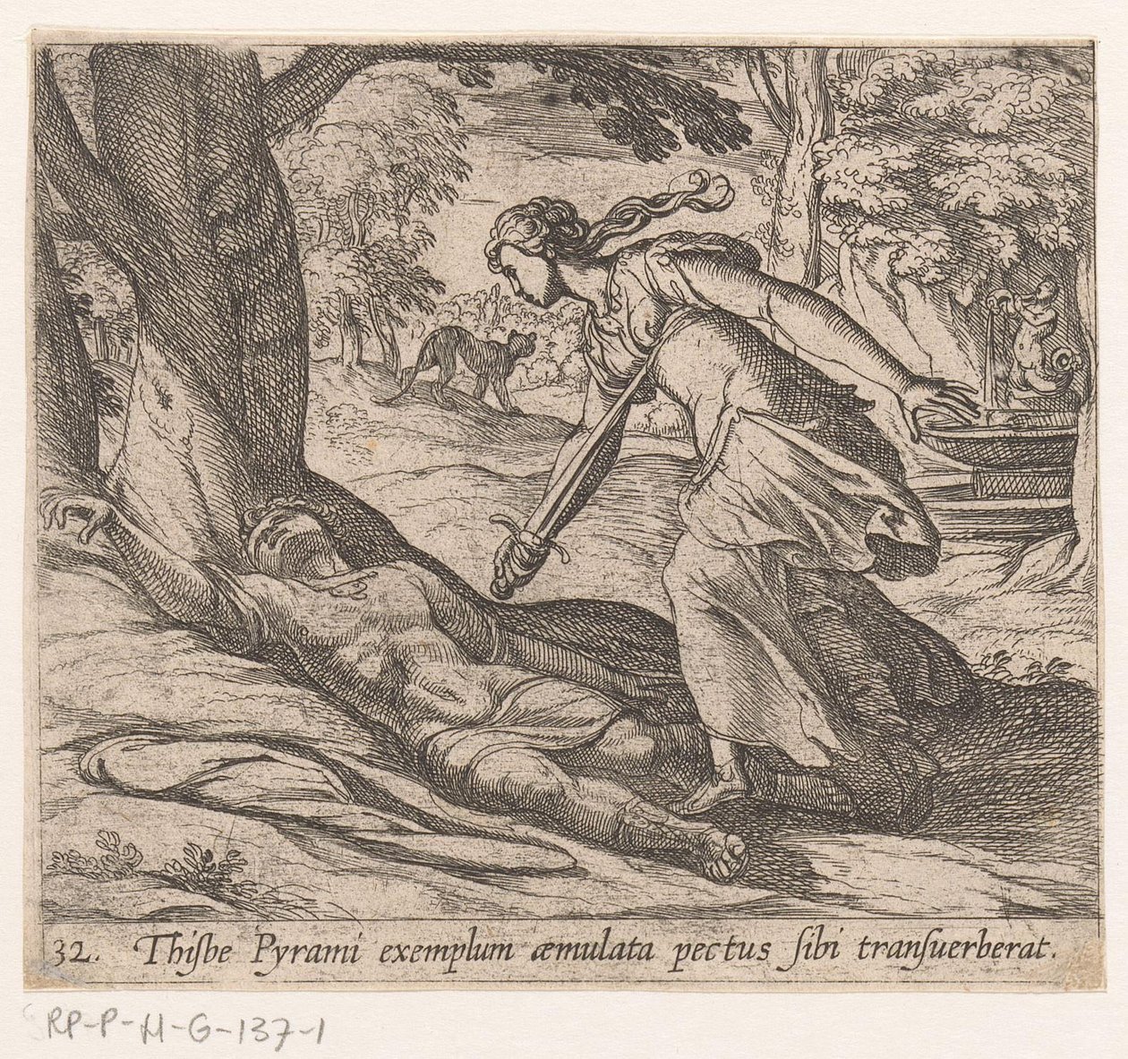 Zelfmoor van Thisbe Thijsbe hade korsat sitt bröst efter exemplet med Pyramus (titel på objekt) Metamorfoseon eller transformationer (serietitel) Metamorfosen van Ovidius (serietitel) av Antonio Tempesta