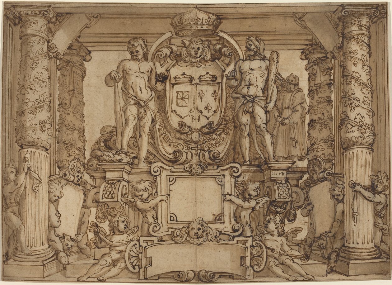 En arkitektonisk väggdesign för att hedra Henry IV, den galliska Hercules av Antonio Tempesta or Agostino Ciampelli