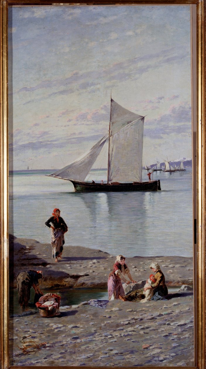 Lavandieres på stranden av Bisagnofloden nära Genes, Italien Målning av Antonio Varni (1841-1908) 1891 Genes, Galleria d