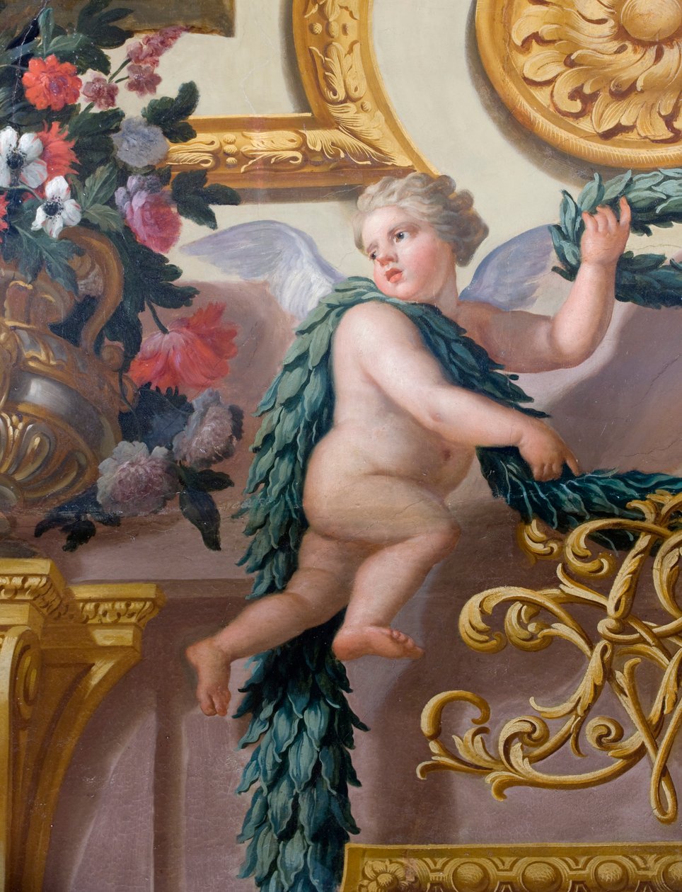 Detalj av en väggmålning, som visar en kerub som håller en lagerkrans och girlang, Banketthuset av Antonio Verrio