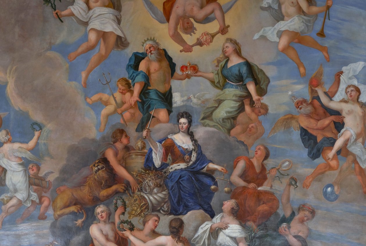 Drottning Anne omgiven av en mängd personifierade dygder, detalj av Drottningens salartak av Antonio Verrio