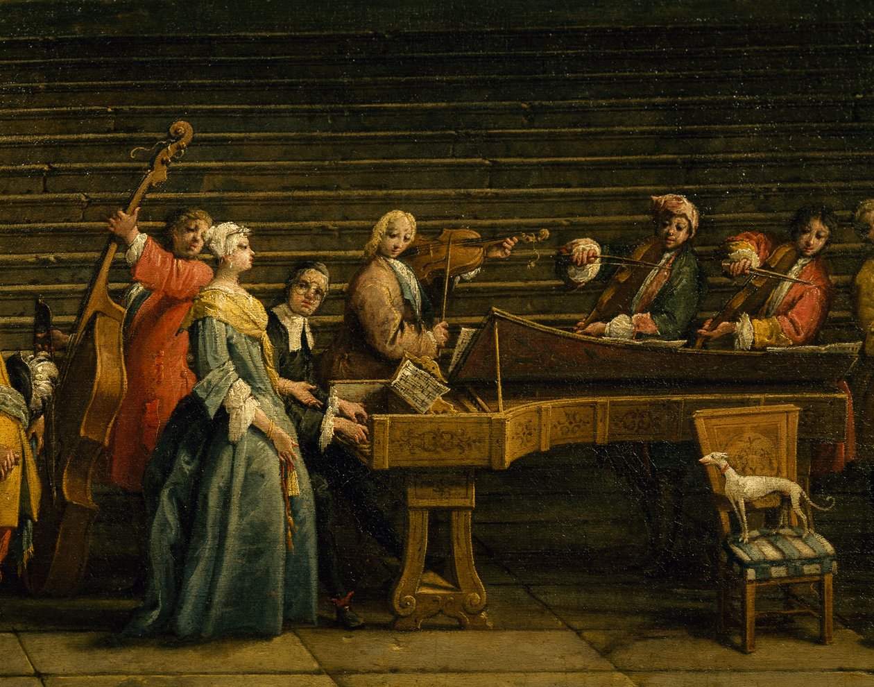 Konsert i villan, av Antonio Visentini (1688-1782), piano och violin, olja på duk, 207x320, Italien av Antonio Visentini