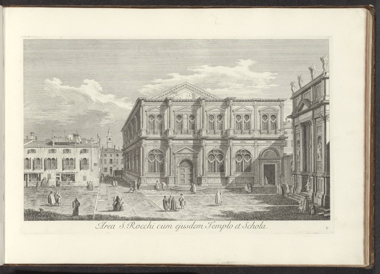 Utsikt över Campo San Rocco te Venetië Område av S. Rocchi med samma tempel och skola (titel på objekt) Gezichten op bugemenen en pleinen in Venetië (serietitel) De mer kända vyerna över staden Venedig, från Antoniuskanalens 38 paneler, graverade i mässing av Antonio Visentini