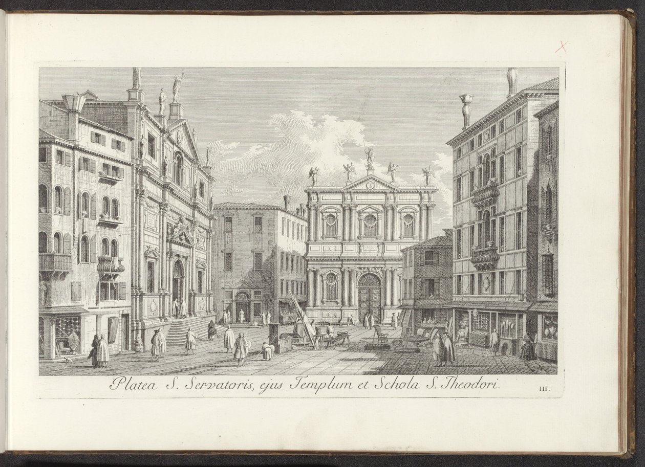 Utsikt över Campo San Salvador i Venedig St. Frälsarens gata, dess tempel och skolan för St. Theodore (titel på objektet) Gezichten op bugemenen en pleinen in Venetië (serietitel) Mer berömda vyer över staden Venedig, från Antoniuskanalen, 38 luftpaneler av Antonio Visentini