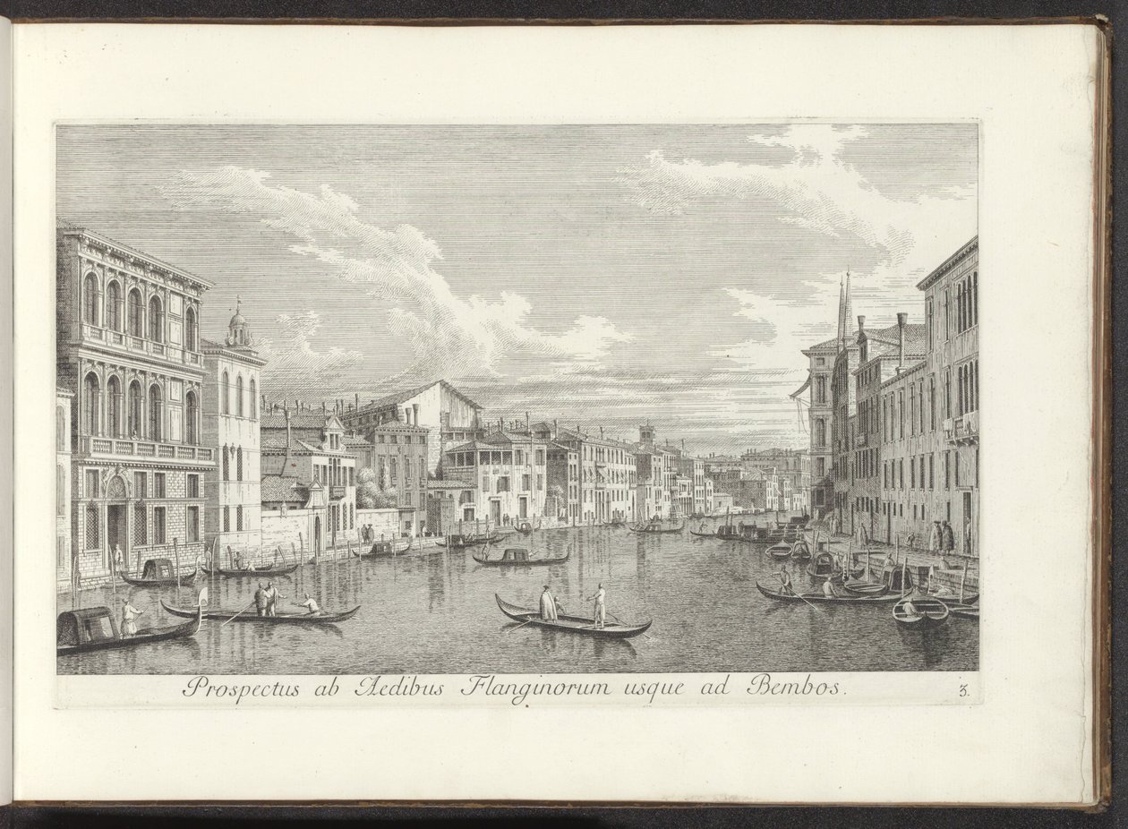 Se på Canal Grande och Palazzo Flangini i Venedig Utsikt från husen i Flanginos till Bembos (titel på objekt) Den mest kända utsikten över staden Venedig, från Antoniuskanalens 38 paneler, tryckta i mässing av Antonio Visentini, i tre delar av Antonio Visentini