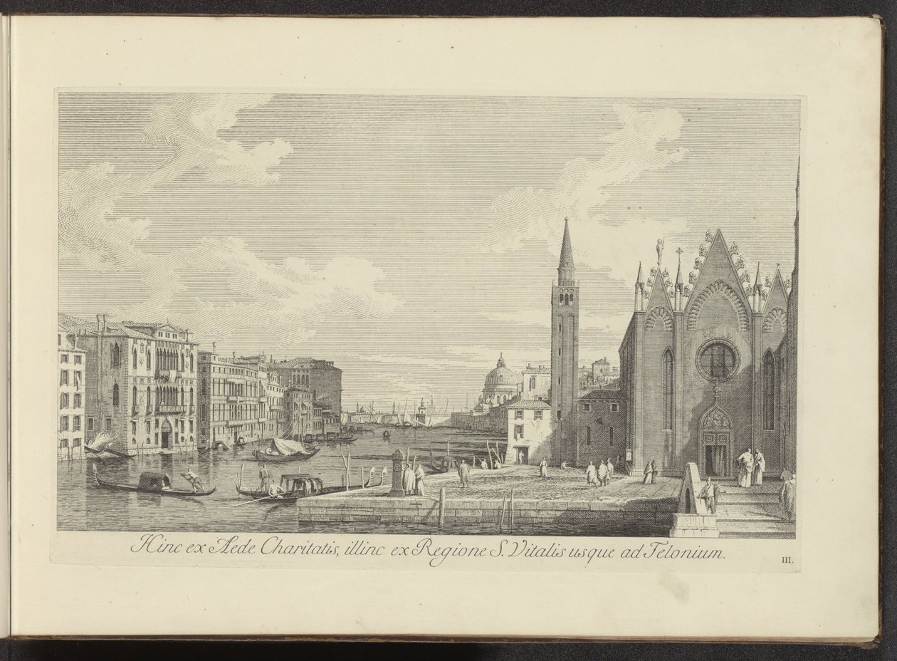 Se på Canal Grande en de Chiesa di Santa Maria della Carità te Venetië På den här sidan från välgörenhetshuset, på andra sidan från regionen S. Vitalis så långt som till Telonium (titel på objektet) Den mest kända utsikten över staden Venedig, från Antoniu av Antonio Visentini