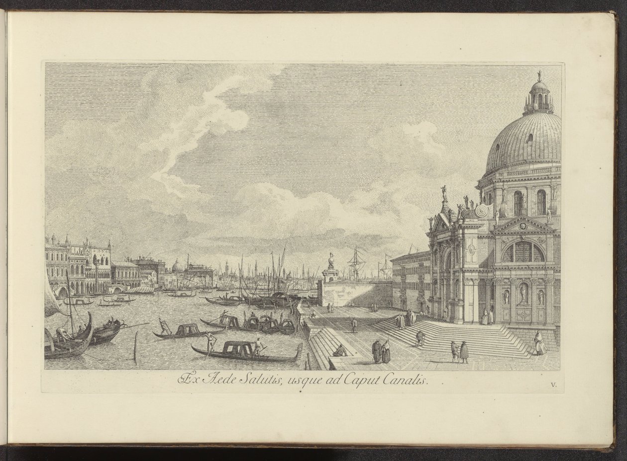 Se på Canal Grande och Santa Maria della Salute i Venedig Från Frälsningens hus till kanalchefen (titel på objekt) Den mest kända utsikten över staden Venedig, från Antoniuskanalens 38 paneler, tryckta i mässing av Antonio Visentini, i tre delar av Antonio Visentini