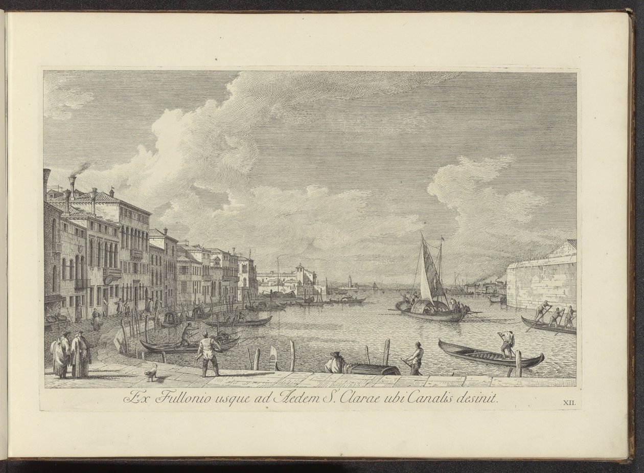 Se på Canal Grande och kyrkan i Santa Chiara i Venedig Från tvättstugan till House of St. Clare där kanalen slutar (titel på objekt) Den mest kända utsikten över staden Venedig, från Antoniuskanalens 38:e panel, tryckt i mässing av Antonio Visentini i av Antonio Visentini