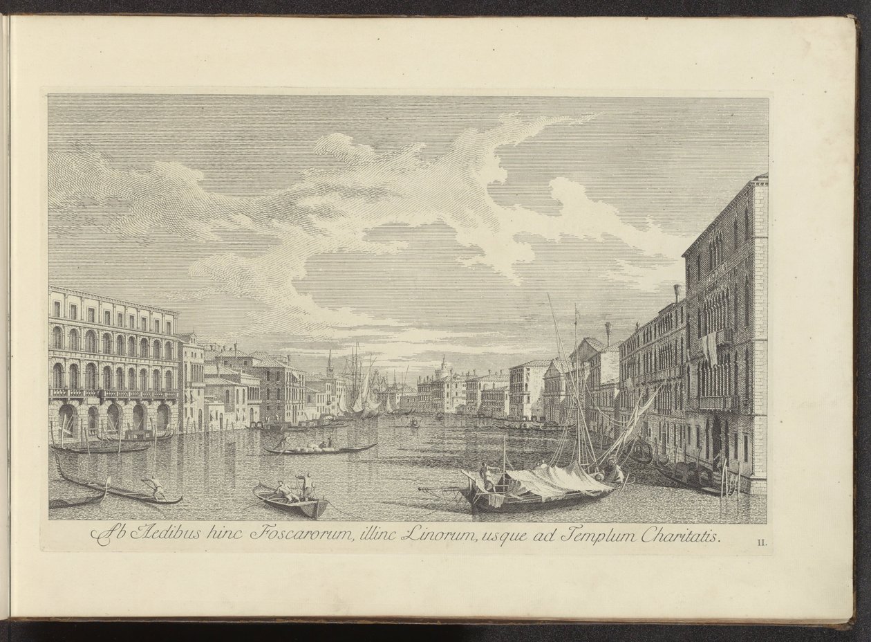 Utsikt över Canal Grande i Venedig Från Foscars hus på denna sida, på andra sidan Linos, så långt som till Välgörenhetstemplet (titel på objektet) Den mest kända utsikten över staden Venedig, från Antoniuskanalens 38 paneler, tryckta i mässing av Antonio V av Antonio Visentini