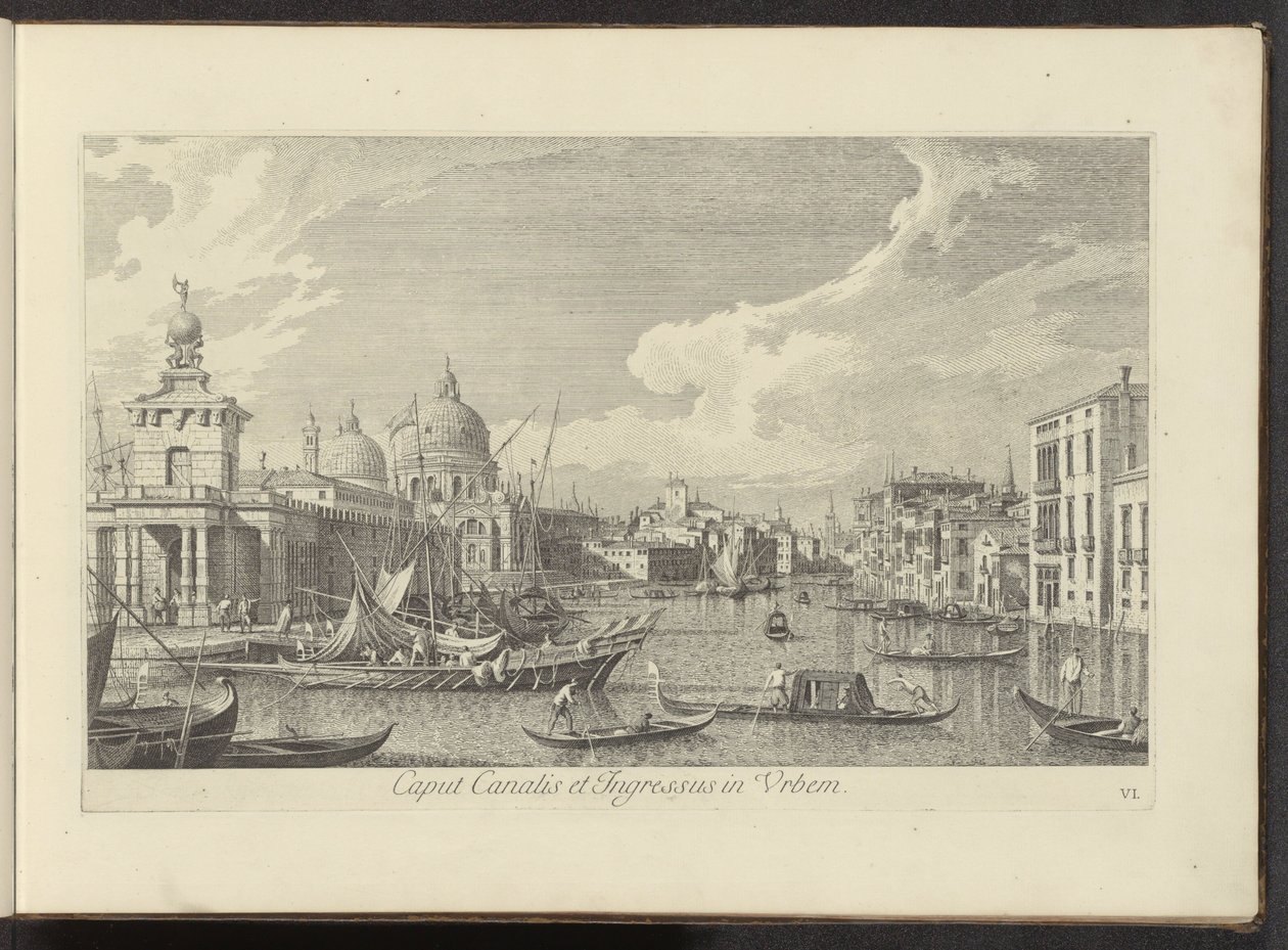 Utsikt över Canal Grande i Venedig Chef för kanalen och ingången till staden (titel på objekt) Den mest kända utsikten över staden Venedig, från Antoniuskanalens 38 paneler, tryckta på mässing av Antonio Visentini, uppdelade i tre delar. del ett (serietite av Antonio Visentini