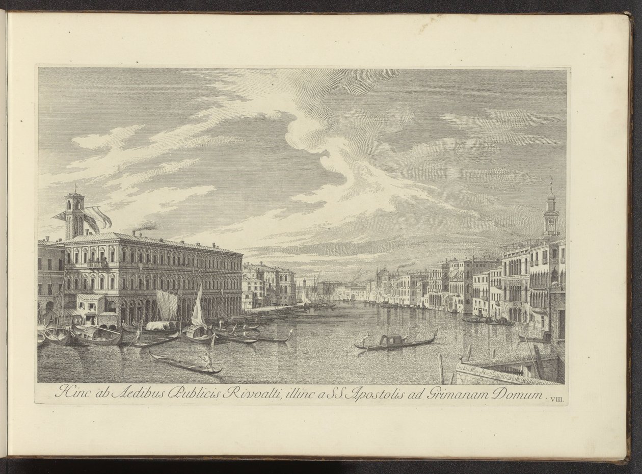 Utsikt över Canal Grande i Venedig Härifrån till Public Houses of Rivoalti, på andra sidan från SS. Apostlar till Grimana-huset (titel på objekt) Den mest kända utsikten över staden Venedig, från Antoniuskanalens 38 paneler i mässing, tryckta av Antonio Vi av Antonio Visentini
