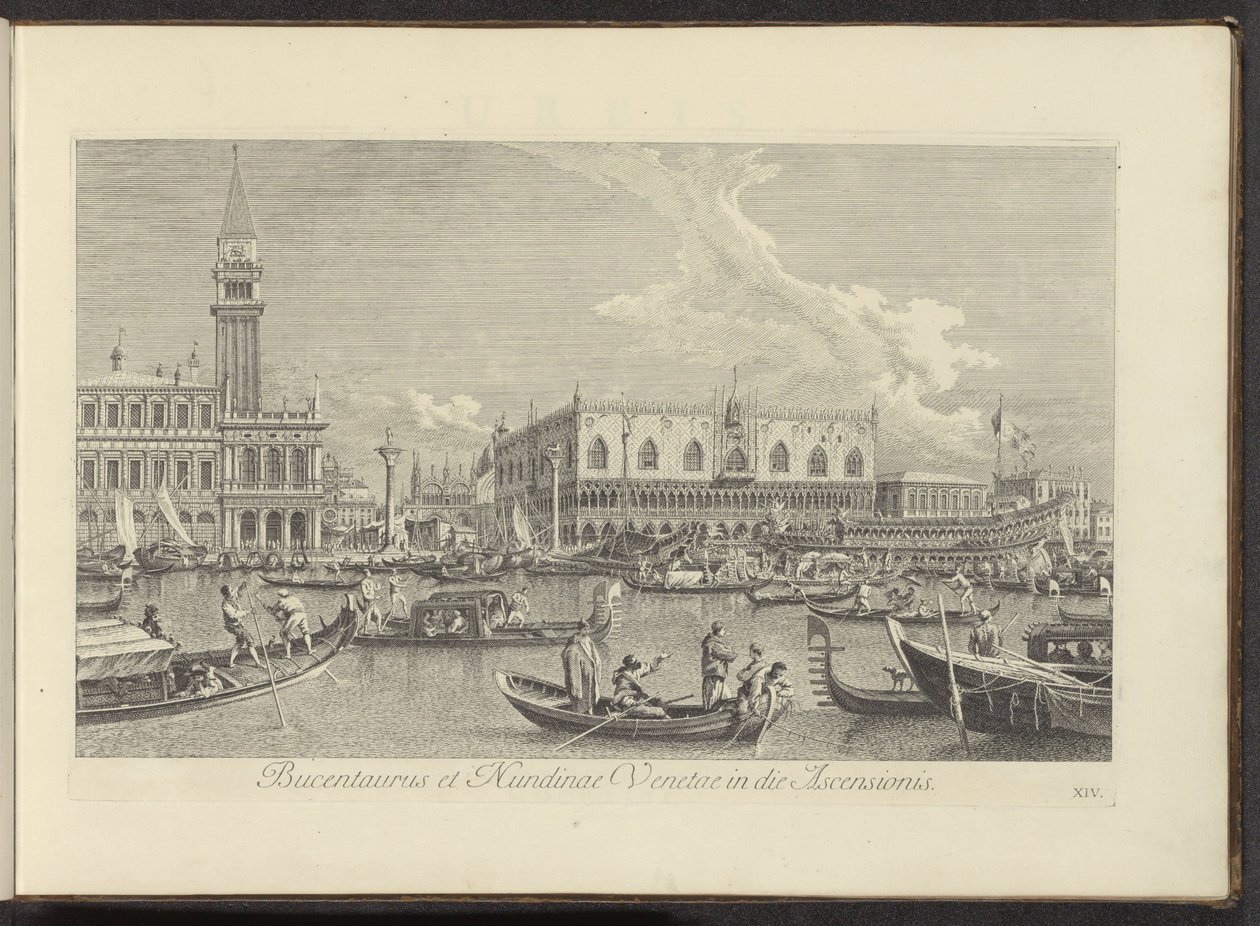 Se på Canal Grande te Venetië med Bucintoro van de doge Bucentaurus och Nundinae Venetae på Kristi himmelsfärdsdagen (titel på objekt) Den mest kända utsikten över staden Venedig, från Antoniuskanalens 38 paneler, tryckta på luft av Antonio Visentini delvi av Antonio Visentini