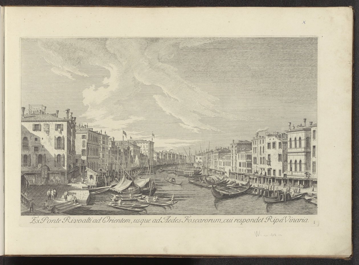 Se från Rialtobrug på Canal Grande i Venedig Från Ponte Rivoalti till öster, till Aedes Foscarorum, som motsvarar Ripa Vinaria (titel på objekt) Den mest kända utsikten över staden Venedig, från Antoniuskanalens 38 paneler, tryckta i mässing av A av Antonio Visentini