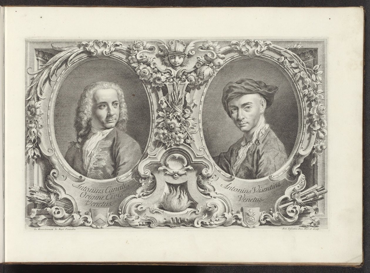 Portretten van artister Canaletto och Antonio Visentini Den mest kända utsikten över staden Venedig, från Antoniuskanalens 38 paneler, tryckta på mässing av Antonio Visentini, uppdelade i tre delar. del ett (serietitel) Gezichten op grote kanalen i Ven av Antonio Visentini