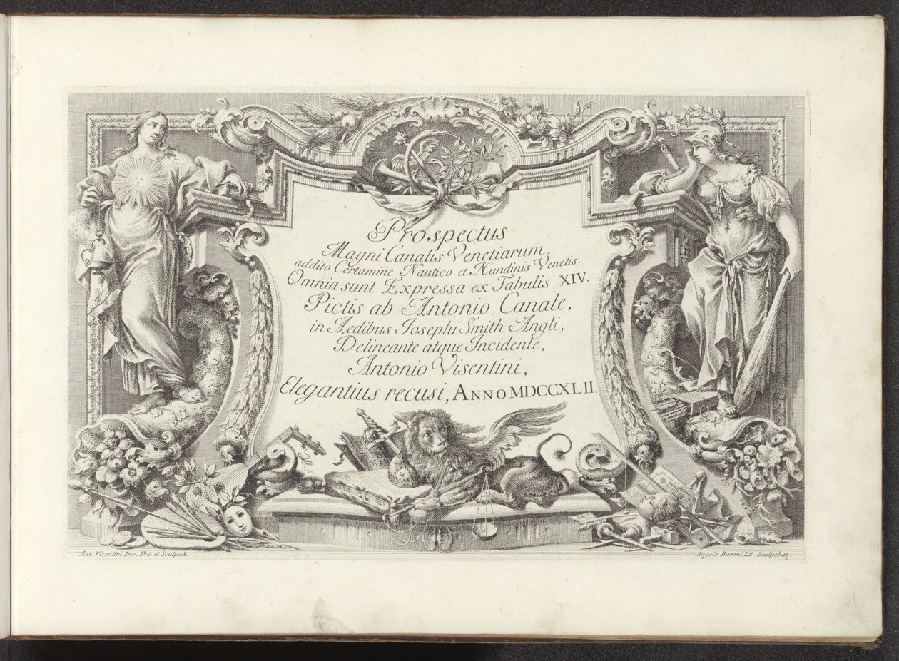 Titeltryck med kartusch med visdom och kraft Utsikt över Canal Grande i Venedig (serietitel) Prospekt Magni Canalis Venetiarum (serietitel på objekt) av Antonio Visentini