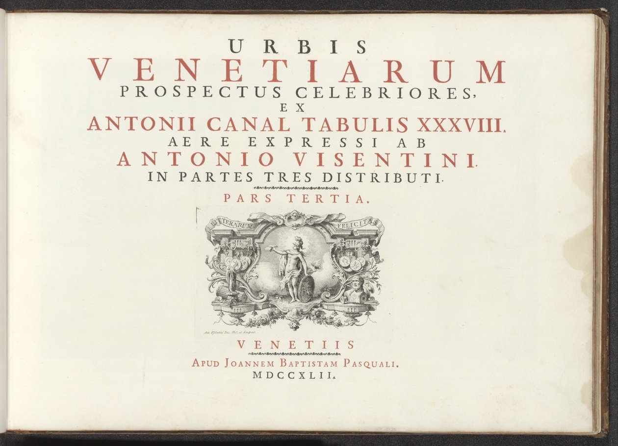 Titelprent met een naakte vrouwenfiguur met schild, helm en boek Den mest kända utsikten över staden Venedig, från Antoniuskanalens 38 paneler, tryckta på mässing av Antonio Visentini, uppdelade i tre delar. tredje delen (serietitel på objekt) av Antonio Visentini
