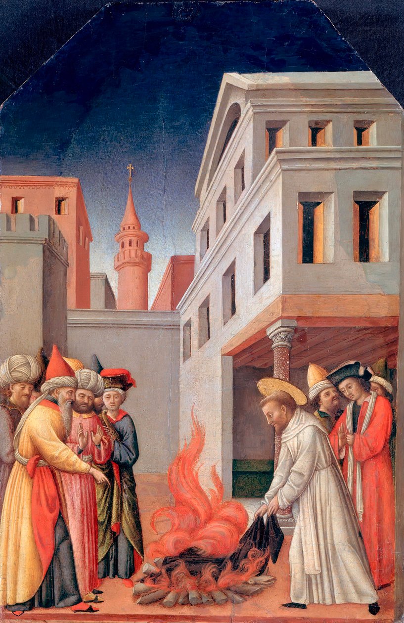 ""The Miracle of the Fire of Saint Peter Martyr (Peter of Verona, ca 1205-1252) before the Sultan"" (The Miracle of Holy Fire before the Sultan) Målning av Antonio Vivarini (cirka 1440-1480), ca 1440 - Olja på trä Storlek 52x34 cm Staatliche Museen, Berlin av Antonio Vivarini