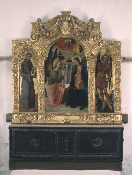 Matamshi na SS. Francis na Michael ( tempera kwenye paneli) walipiga av Antonio Vivarini