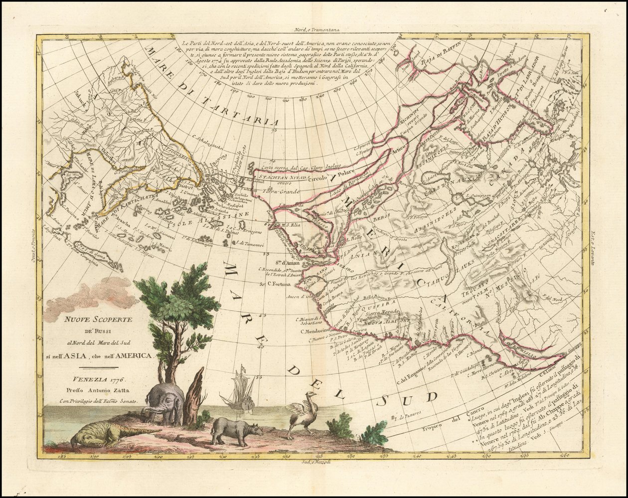 1776 års karta - Nya upptäckter av ryssarna norr om Söderhavet i både Asien och Amerika av Antonio Zatta