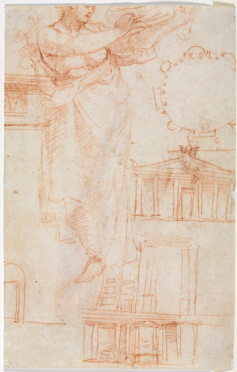 En draperad kvinnlig figur möjligen en Amazon och Architectural Studies tergo, ca. 1525. av Antonio da Correggio