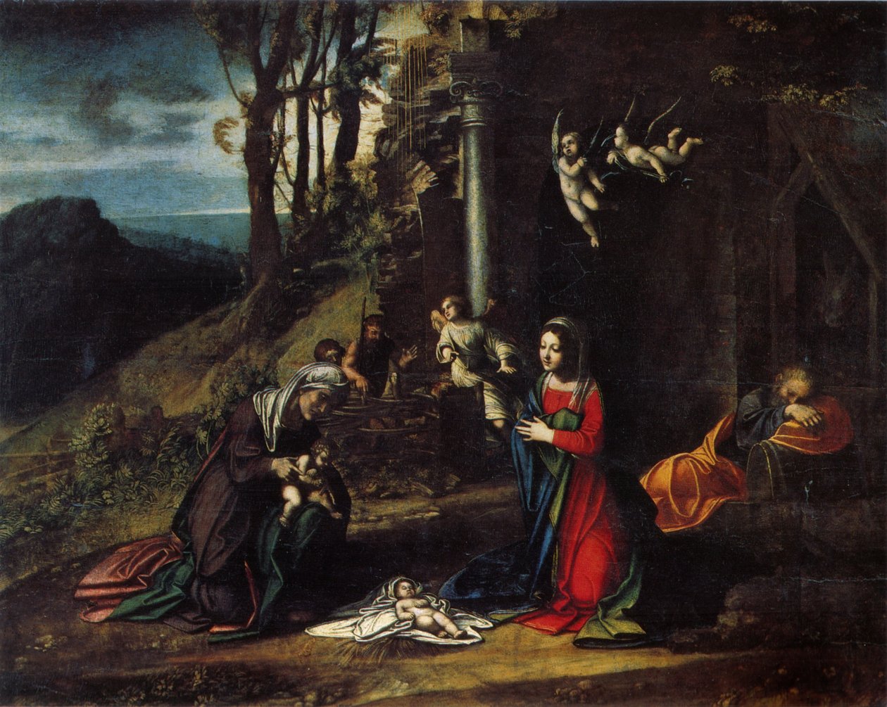 Italienska: Födelsekyrkan med heliga Elisabet och Johannes Födelsekyrkan med heliga Elisabet och Johannes Döparen av Antonio da Correggio