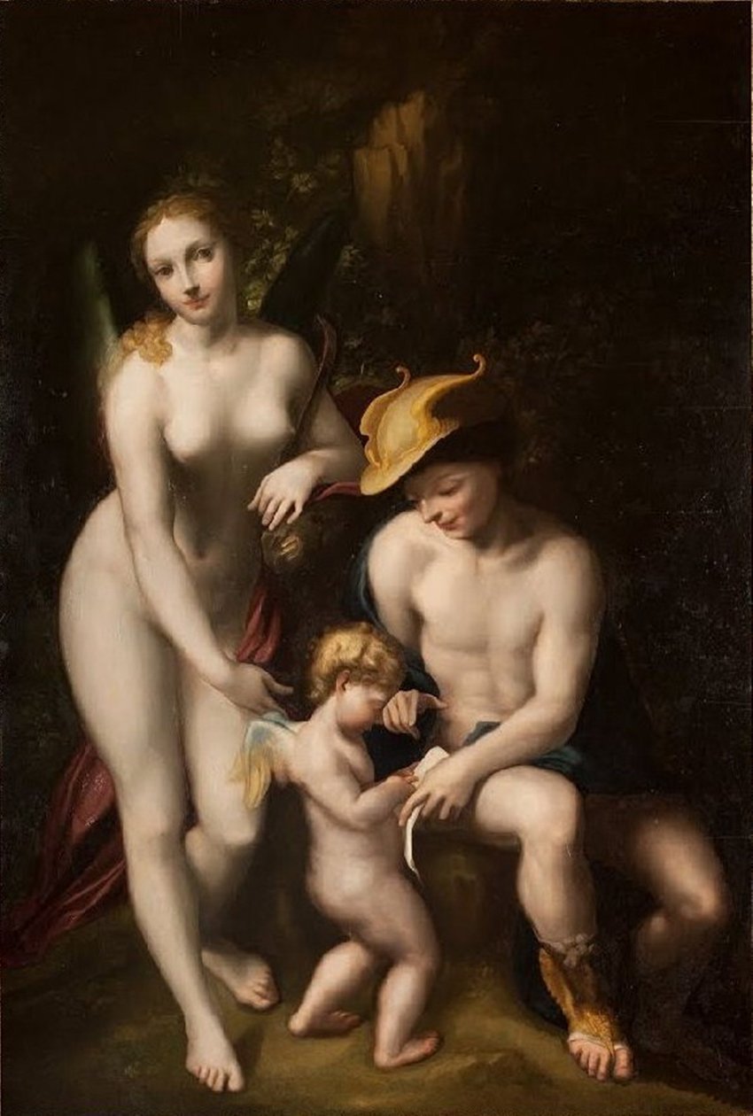 Venus med Merkurius och Amor, Kärleksskolan, av Antonio da Correggio, utställd på slottet i Chenonceau. av Antonio da Correggio