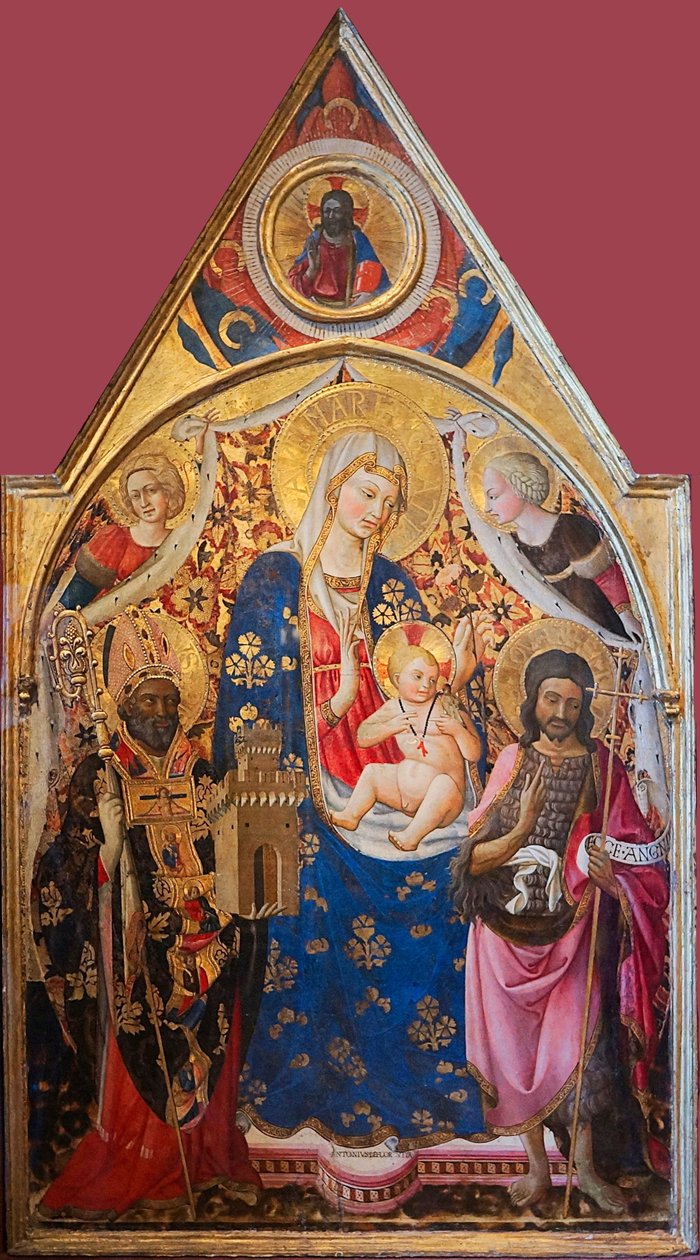 Madonna med barn krönt av helgon


 Alternativ titel(s):   Gonfalon. Den högra sidan: Madonna med barn, biskop, Johannes Döparen och änglar. Övre delen - Kristus välsignelse. Baksidan: Korsfästelsen med Jungfru Maria och Johannes. T av Antonio da Firenze