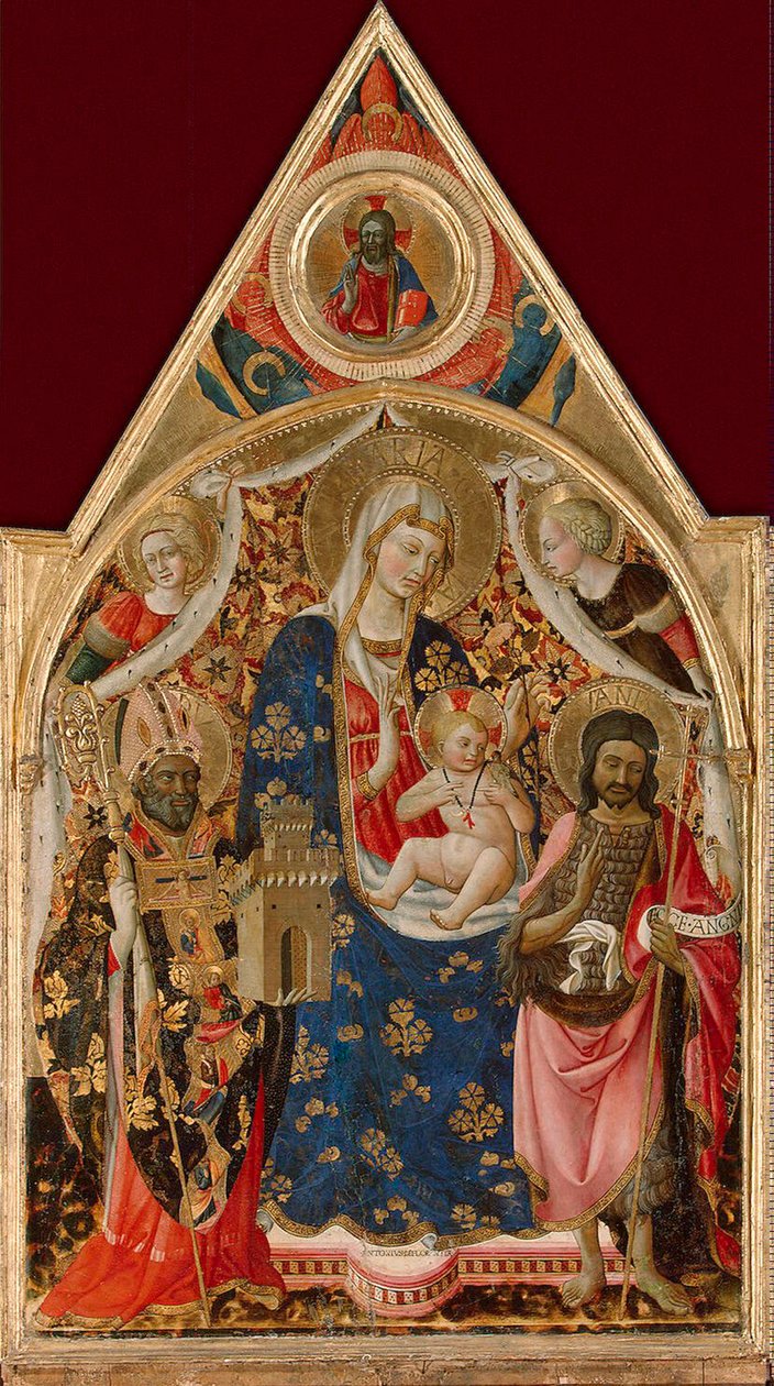 Madonna och barn, med en biskop, Johannes Döparen och änglar, tidigt 1400-tal. av Antonio da Firenze