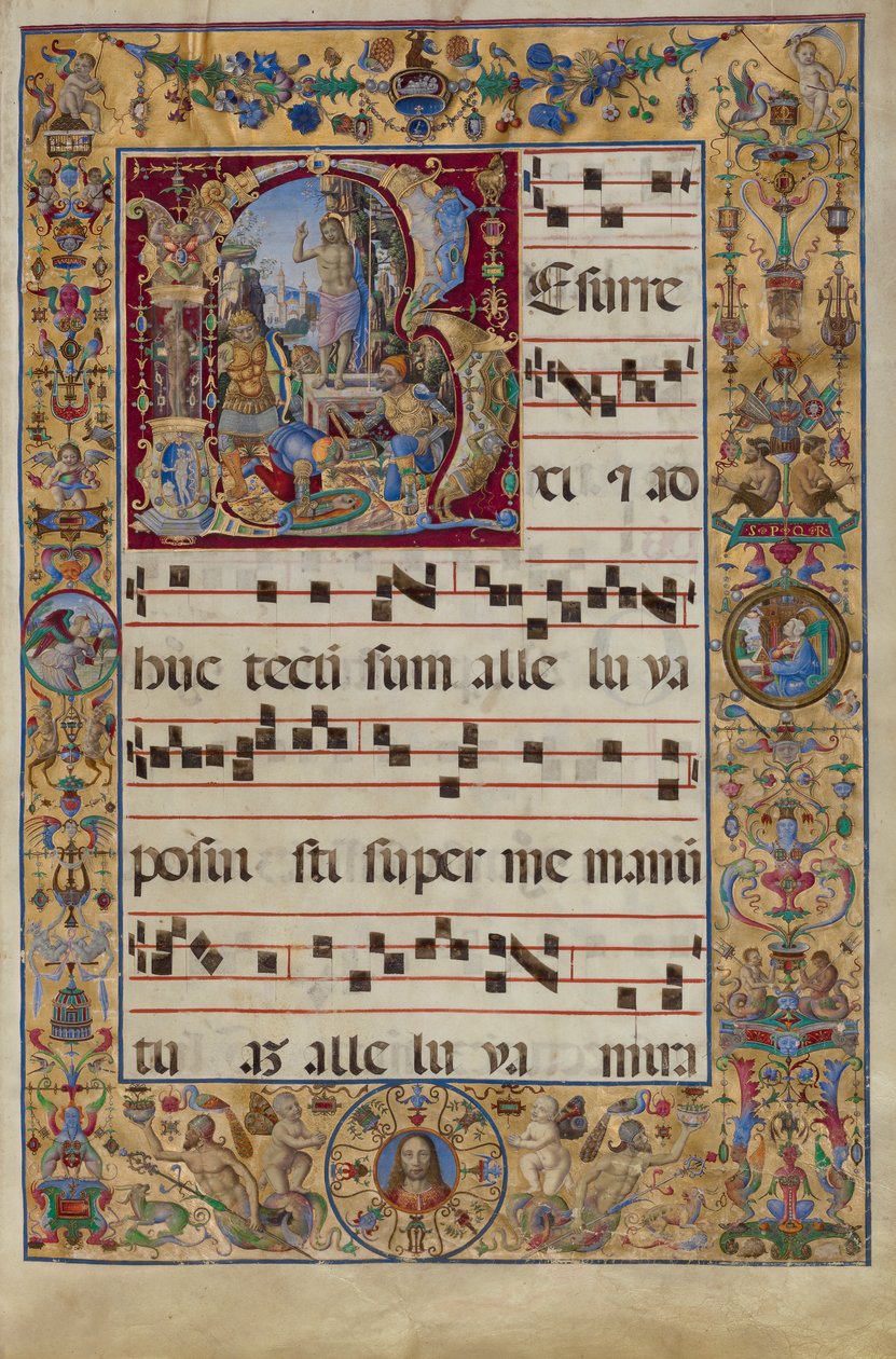 Gradualen. Initial R: The Resurrection, c.1500 (tempera, bladguld och bläck på pergament) av Antonio da Monza