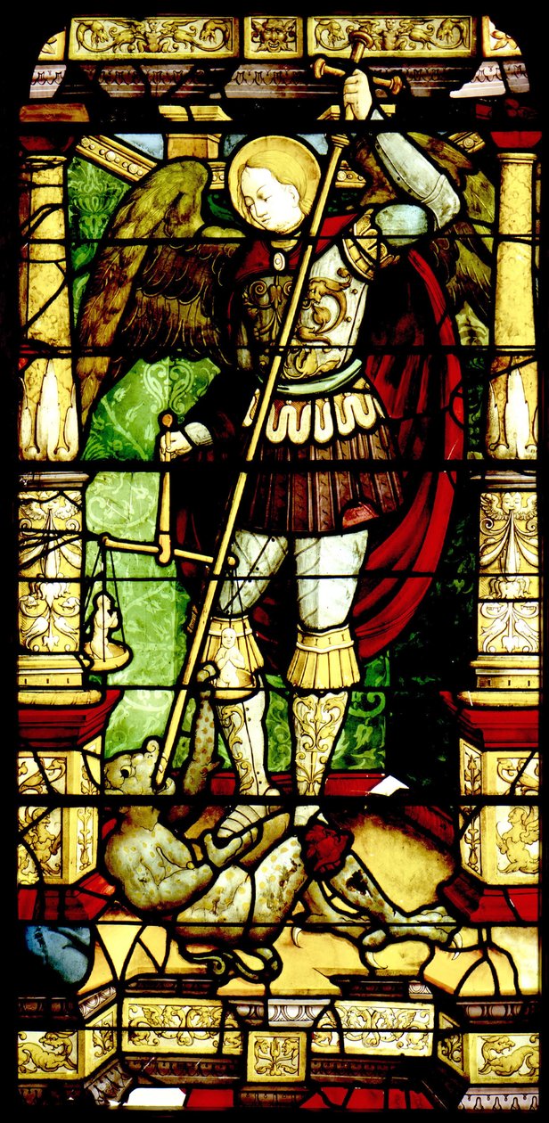 Målat glas med St. Michael Weighing Souls av Antonio da Pandino