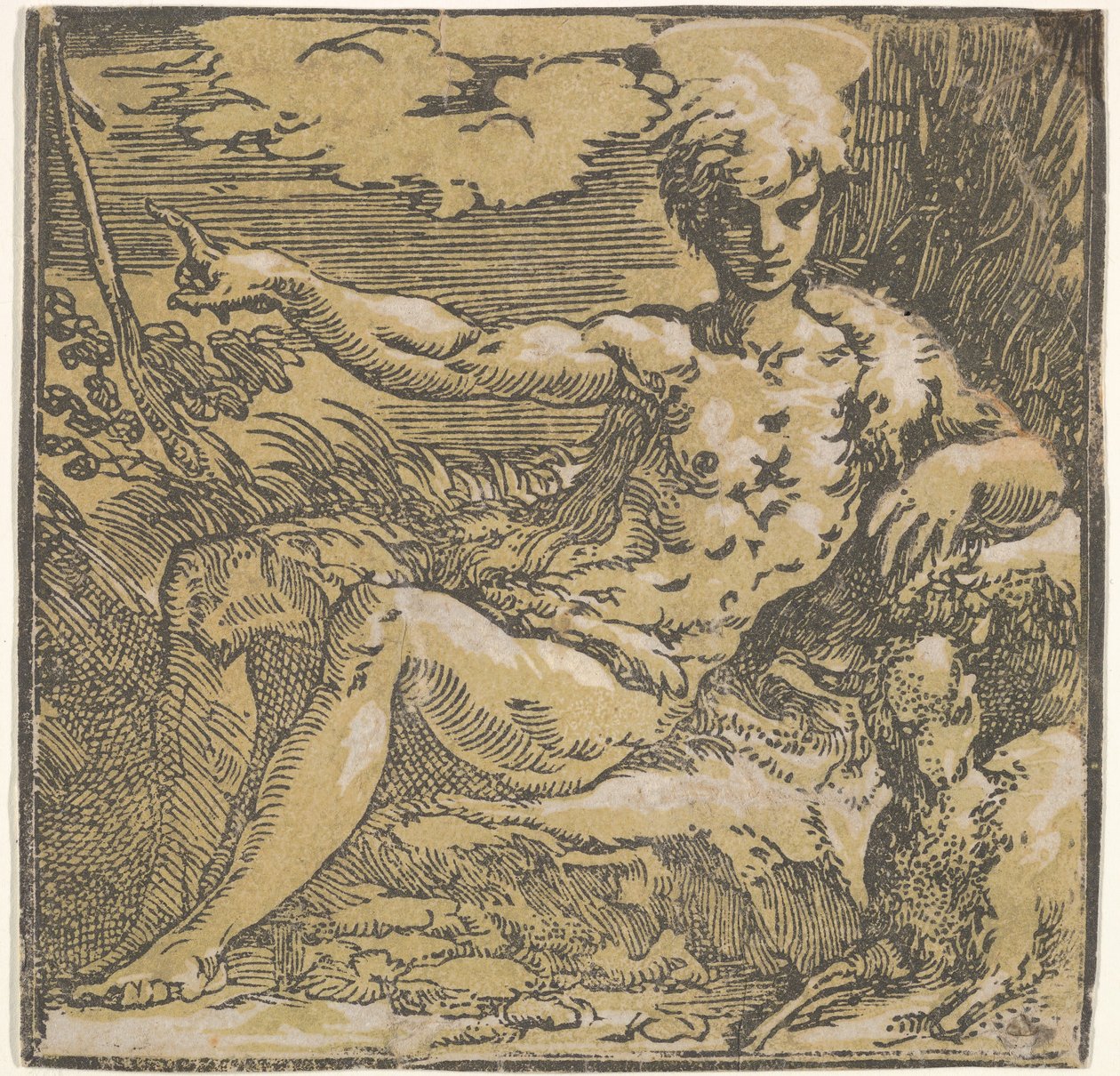Johannes Döparen i öknen, ett lamm vid hans sida, ca. 1527-30. av Antonio da Trento