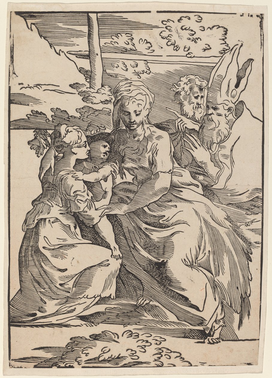 Den heliga familjen med två heliga. av Antonio da Trento