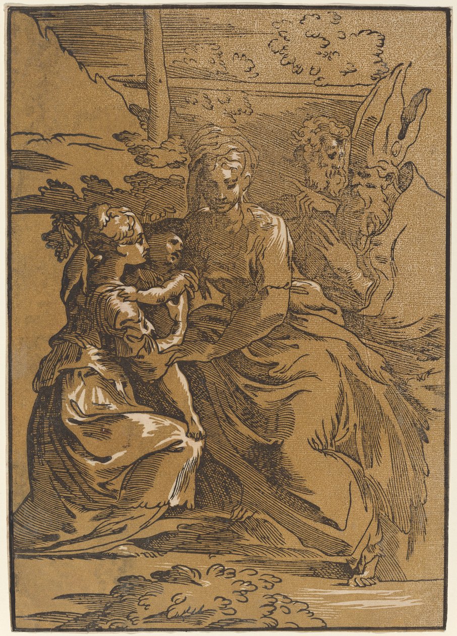 Den heliga familjen med två heliga av Antonio da Trento after Parmigianino