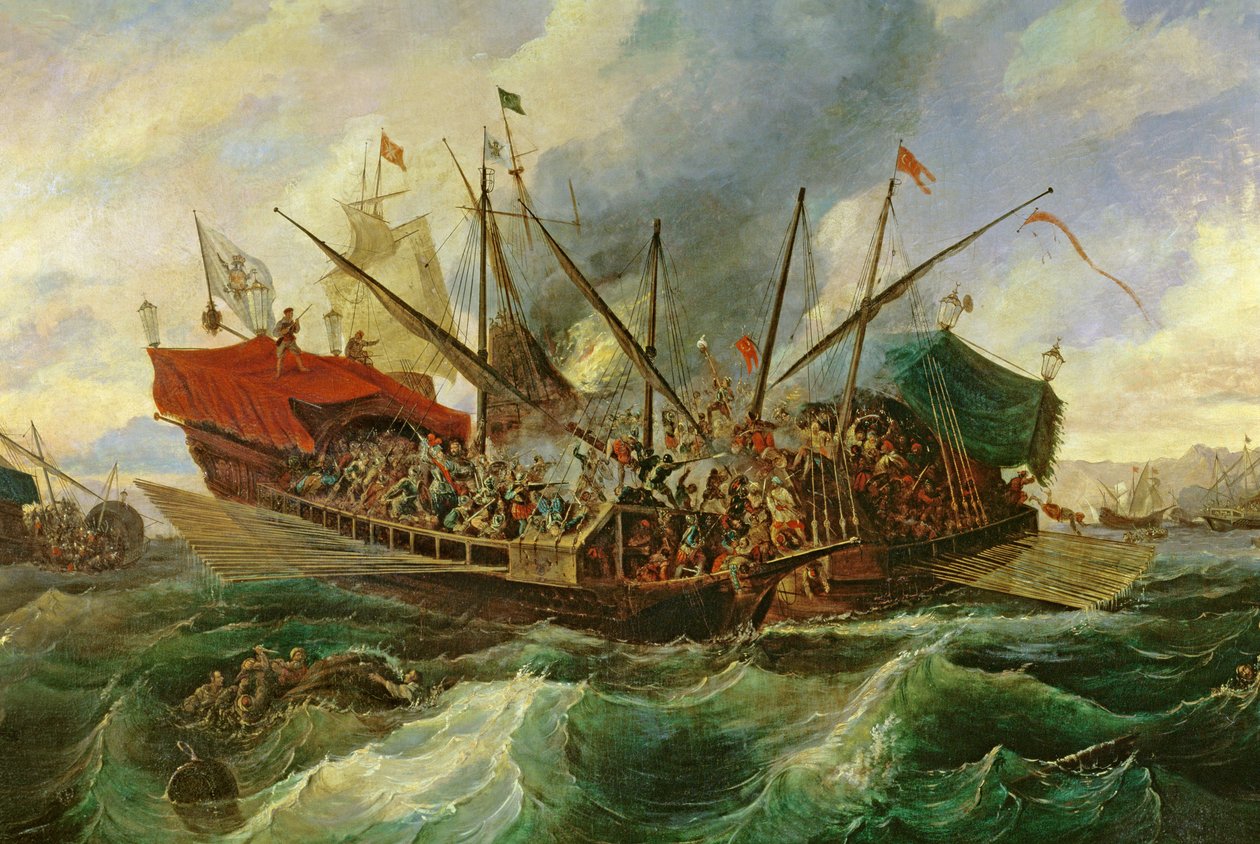 Sjöslaget vid Lepanto mellan Heliga Ligan och turkarna 1571 (olja på duk) (detalj) av Antonio de Brugada