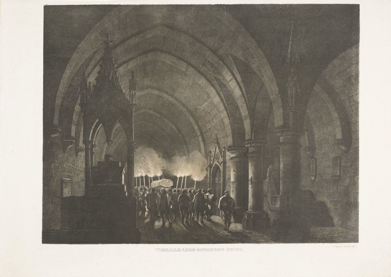Fakkeldragers i Kerk Veranda till en gotisk kyrka (titel på objekt) av Antonio de Pian