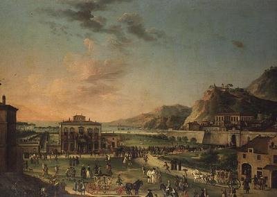 En capriccio-panorama av Karl III:s kung av de två Siciliernas resa, från hans villa i Portici till Palazzo Farnese i Rom av Antonio de dipi (attr. to) Joli