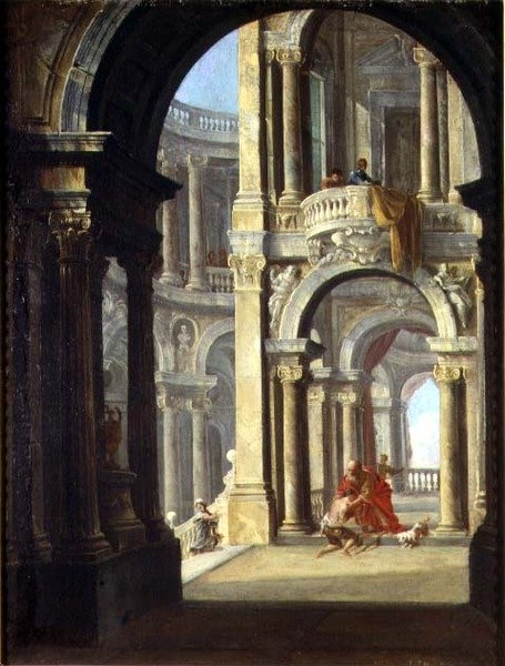 En Capriccio av ett barockpalats med den förlorade sonens återkomst av Antonio de dipi (circle of) Joli