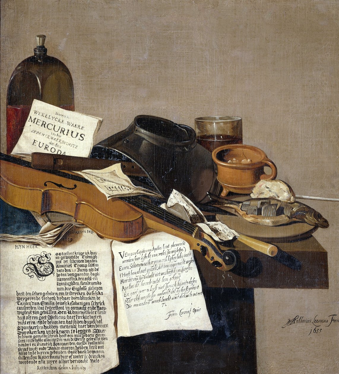 Stilleben med broschyrer en fiol, flöjt, mat och pamfletter av Antonius Leemans