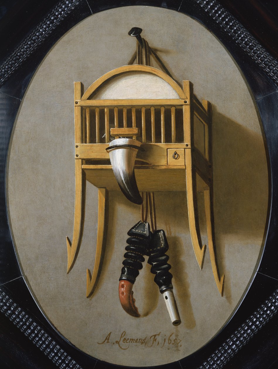 Trompe LOeil med fågelbur och visselpipa, 1600-tal av Antonius Leemans