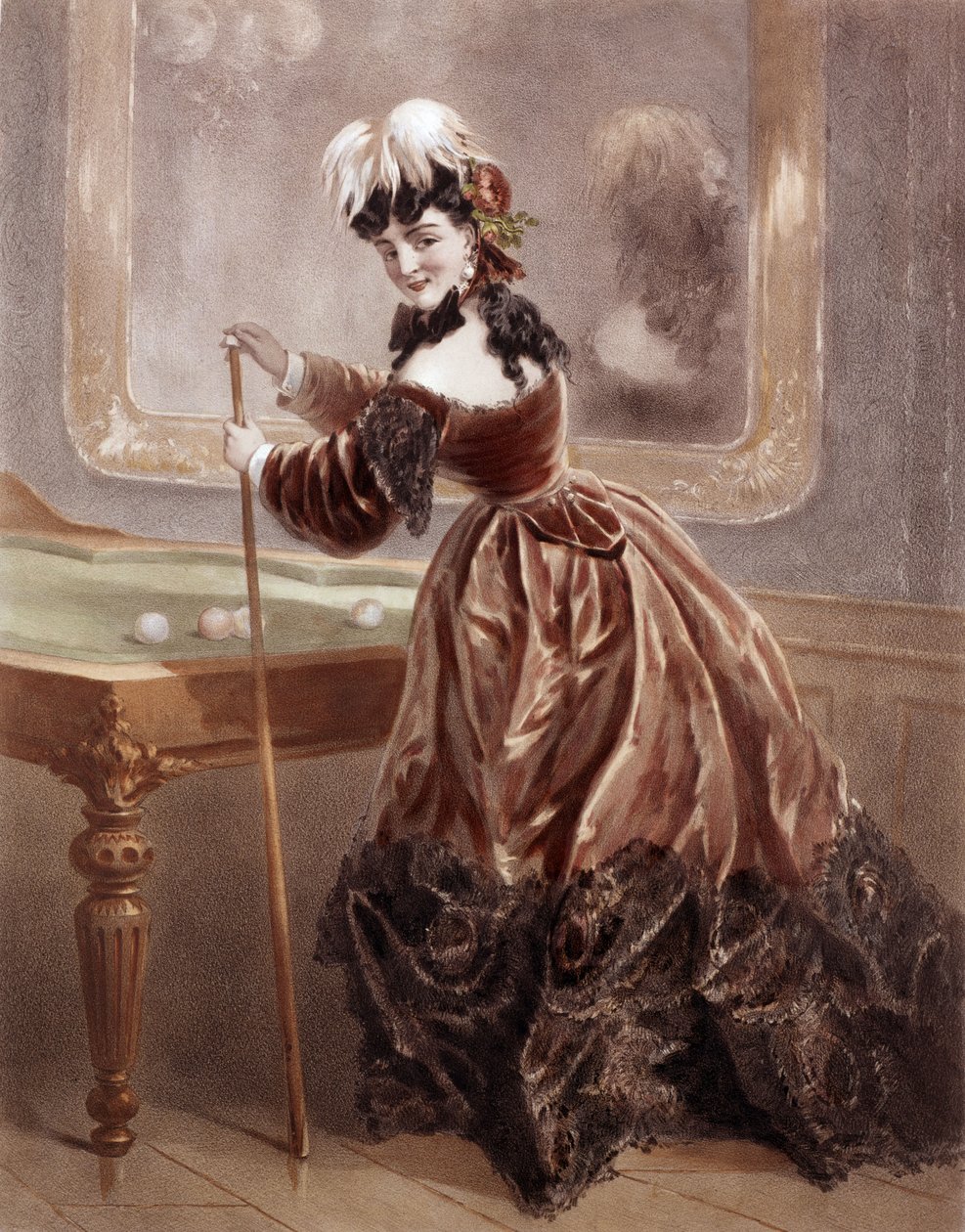 En kurtisan vid tiden för det andra imperiet som spelar biljard (färggravyr) av Antony Paul Emile Morlon