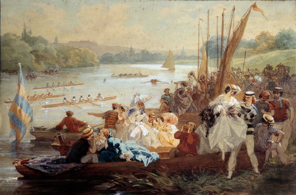 Regerar en Argenteuil Parisiens picknick på söndagen på stranden av Seine där roddtävlingar äger rum. Akvarell av Antony Morlon (1834-1914) av Antony Paul Emile Morlon